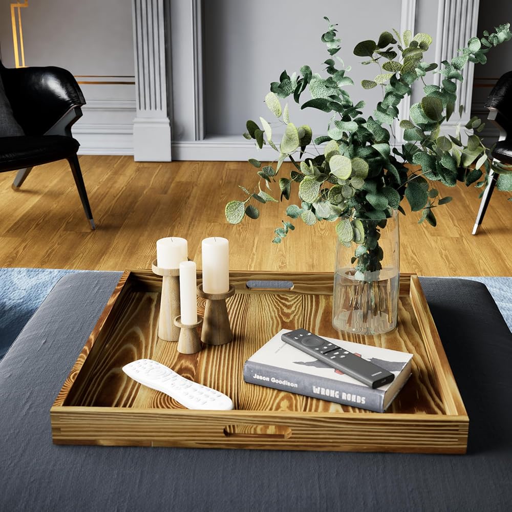 Hanobe Grand Plateau Service XXL: Carre 55 cm Plateau en Bois Table Decoratif Rustique Deco Plateaux pour Salle de Séjour Ottoman Cuisine Bois Brûlé : Cuisine et Maison