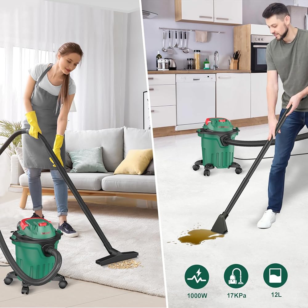 HYCHIKA 1000 W Aspirateur Eau Et Poussières, 3 en 1 Injecteur/Extracteur, Cuve : 12 l, Fonction de Nettoyage du Filtre, Fonction de Soufflage, Convient pour Les Petits nettoyages : Cuisine et Maison