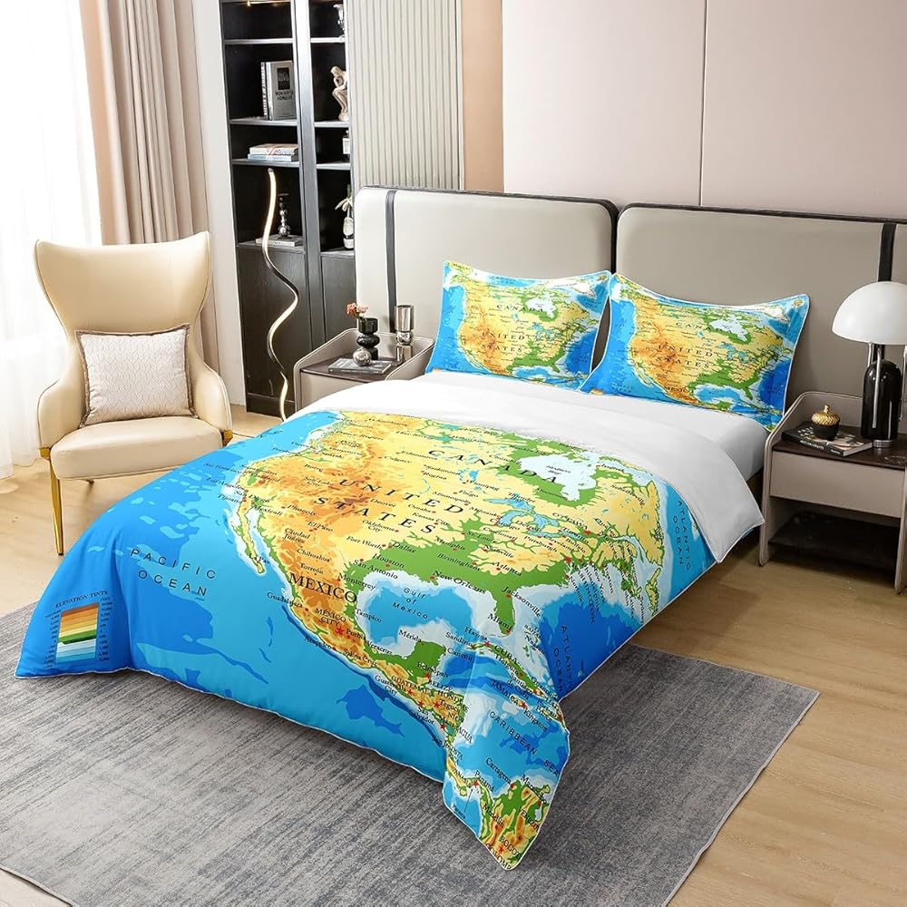 Homemissing Carte du Monde 100% Coton Housse de Couette 220x240cm Monde illuminé Coton Suite Coton Chambre à Coucher Voiture réversible Continental National Marine Literie Set topographie : Cuisine et Maison