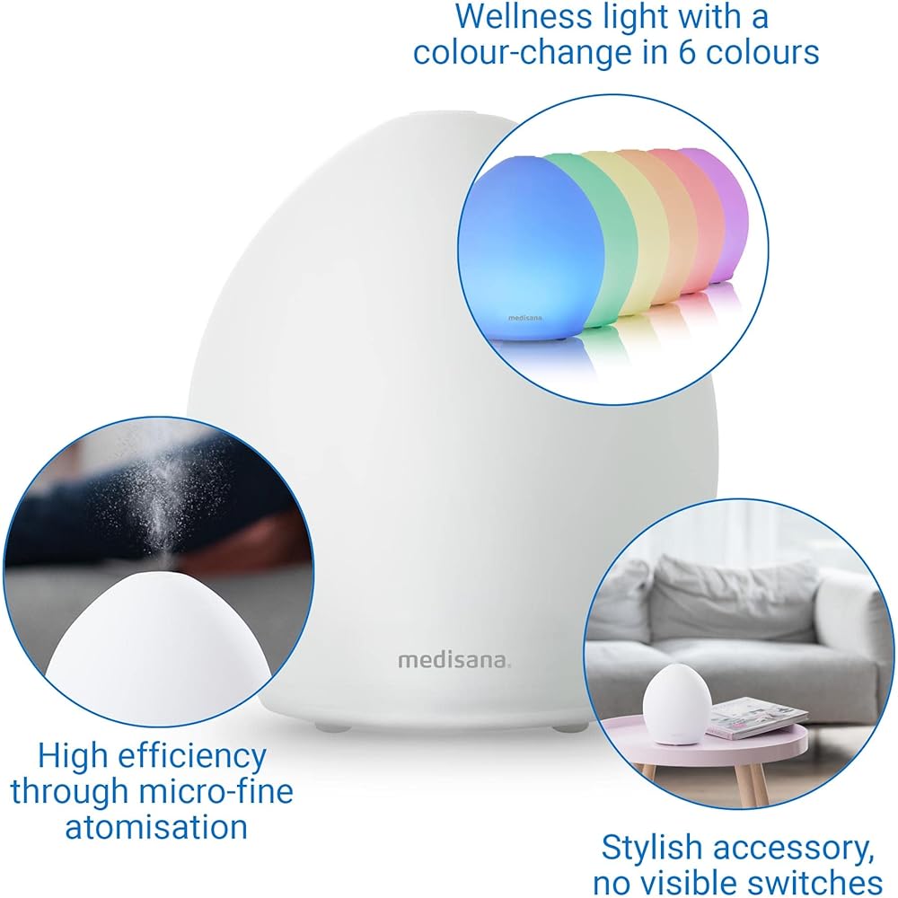 medisana | AD 635 | Diffuseur d'arôme | Verre givré | Désodorisant | Lampe à parfum avec timer | Parfum d'ambiance électrique | Huiles essentielles parfumées | Lumière bien-être 6 couleurs | 100 ml : Beauté et Parfum