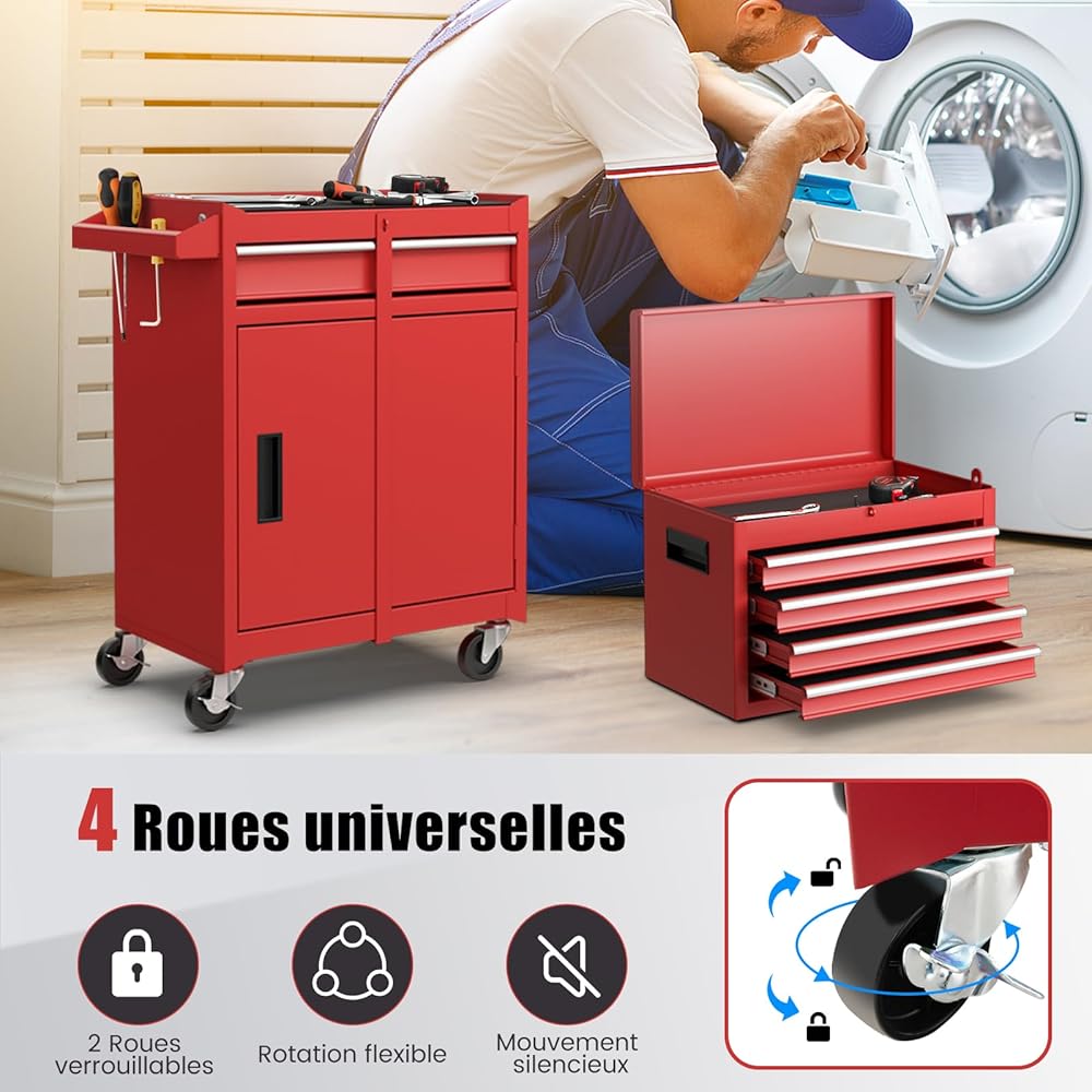 GYMAX Servante d'Atelier Outils, avec Coffre Amovible, 5 Tiroirs, 2 Grande Étagère, Caisse à Outil Roulante, Chariot d’Atelier, 4 Roues Universelles(2 avec Freins), Établi pour Bricolage Automobile : Bricolage