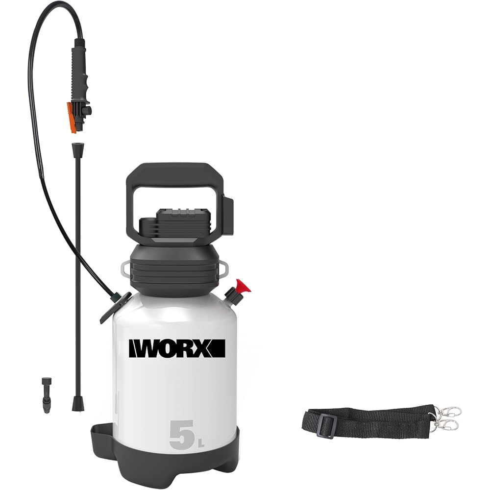 WORX Pulvérisateur à Pression de Jardin sans Fil 20V WG829E.9, 5 litres, débit de 25L/h, buse de pulvérisation, Lance Longue, Courroie d'épaule, soupape de sécurité, Livré sans Batterie ni Chargeur : Jardin