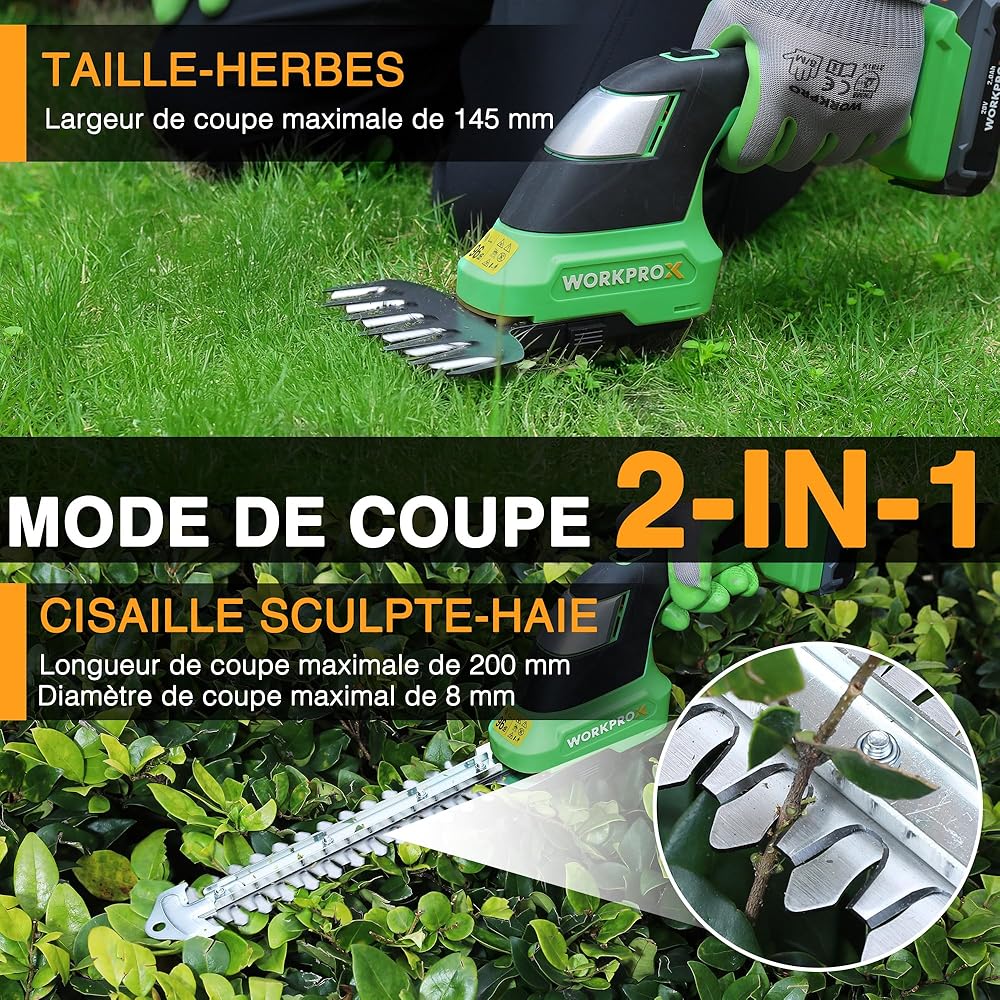 WORKPROX Cisaille Sculpte-Haie sans Fil 20V, Taille-Herbes Électrique avec Batterie 2,0Ah, Longueur/Largeur de Coupe 20 cm/14,5 cm, Ø8 mm, Outil de Jardin pour Gazon, Haies et Élagage, Noir & Vert : Jardin