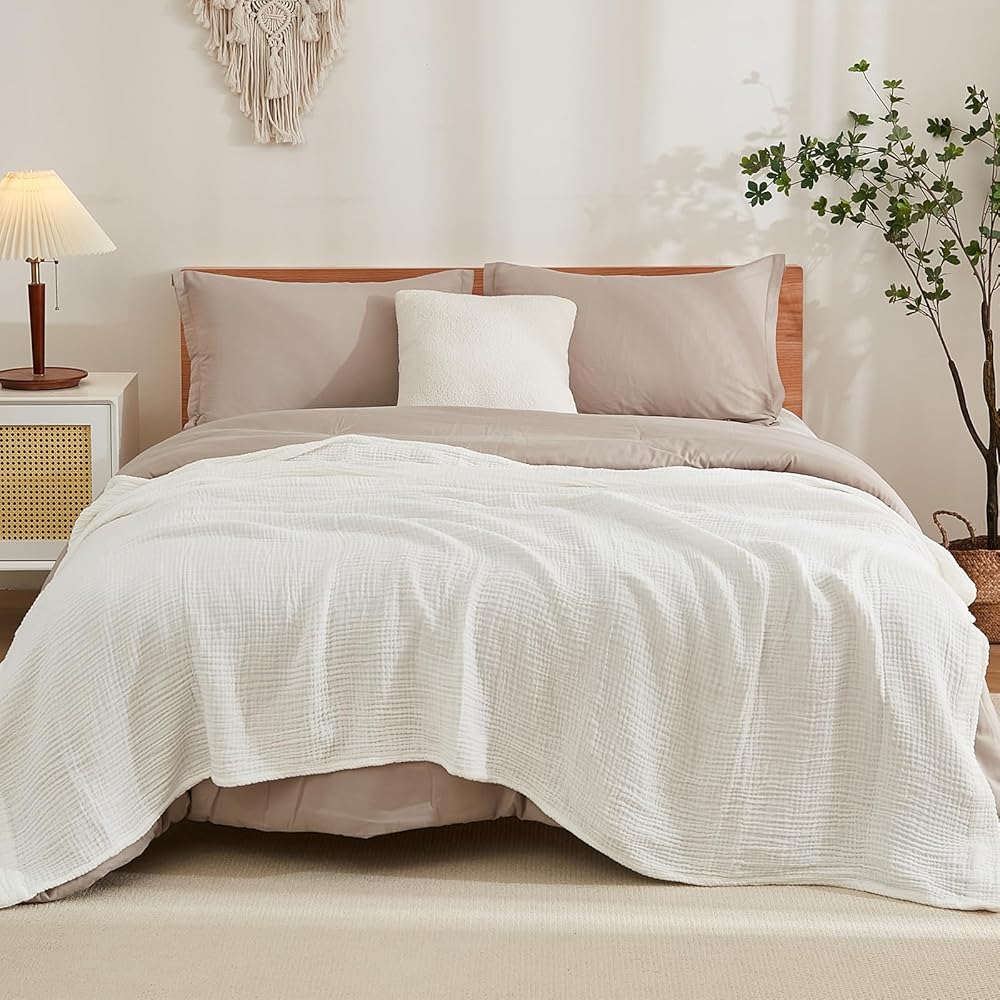 EMME – Grande couverture en coton doux à 6 couches pour lit queen size, toutes saisons, légère et respirante (blanc, 203 x 228,5 cm) : Bébé et Puériculture