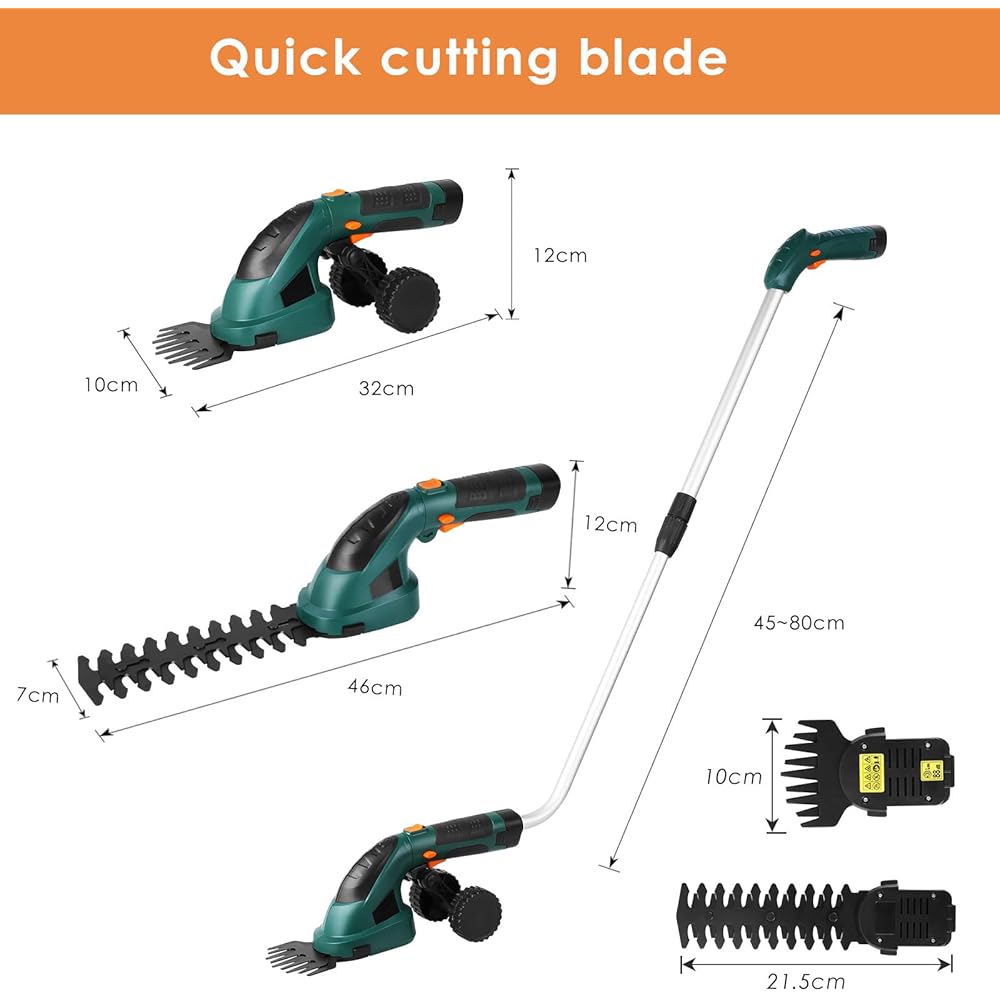 2en1 Cisaille à Gazon 7.2V, Coupe Bordure sans Fil, Tondeuse à Gazon, Taille Haies sans Fil, Manche Long Télescopique Détachable, 2 Types de Lames, Chargeur & Batterie, pour Couper Gazon/Buisson/Haie : Jardin