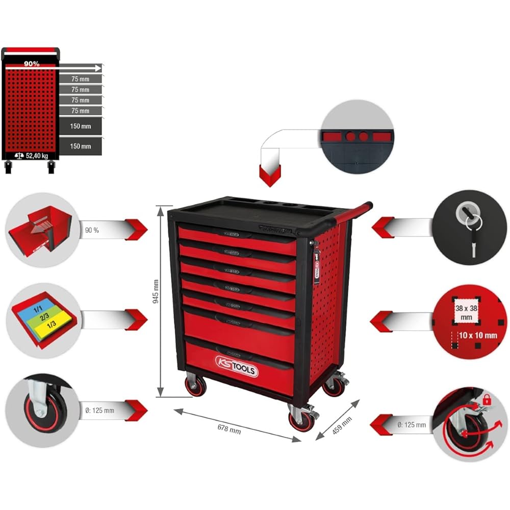 KS Tools Servante d'atelier noir/rouge, 7 tiroirs 826.0007 : Bricolage