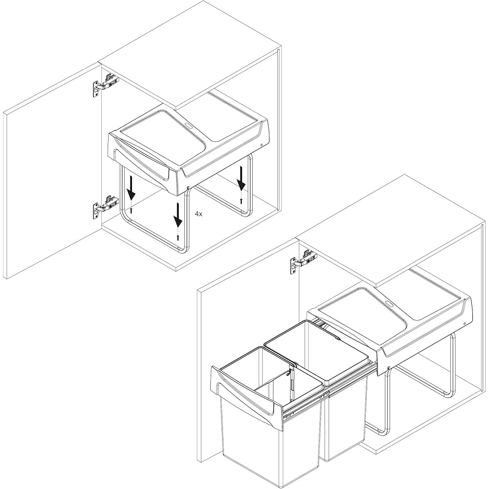 Emuca - Poubelles avec Fixation inférieure pour la Cuisine, 2 poubelles de Recyclage Amovibles de 20 L, capacité Totale 40 L (2 x 20 L), Acier et Plastique, Gris Anthracite. : Cuisine et Maison