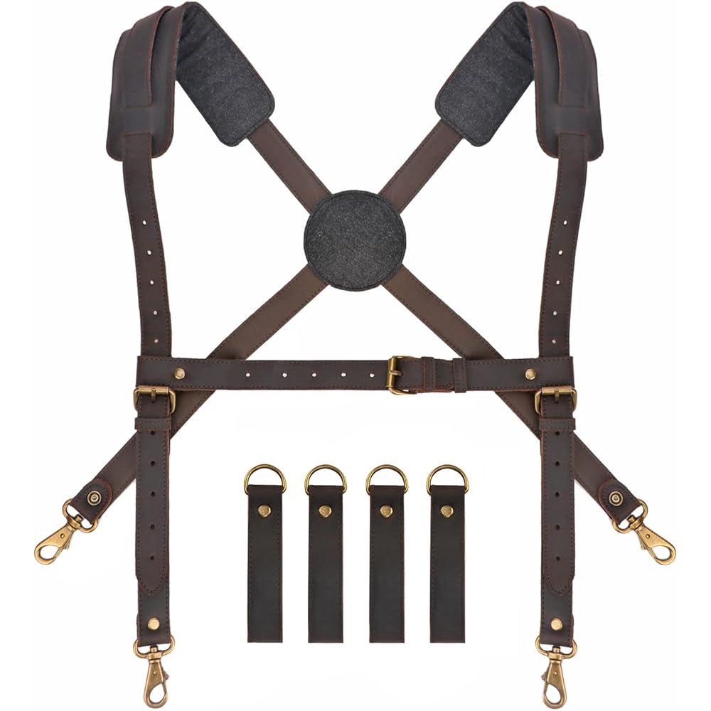 Tourbon Ceinture à outils en cuir véritable avec bretelles robustes pour électricien, charpentier : Bricolage
