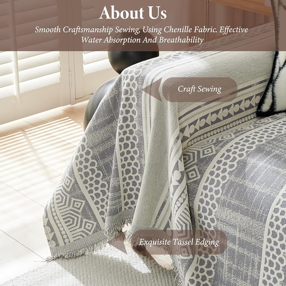 VanderHOME Housse de Canapé De Style Bohème Plaid Canape Grande Taille Chenille Jete de Canape avec Frange, Réversible Jeté de canapé,Couverture Canapé 180 * 300cm-Grau : Cuisine et Maison