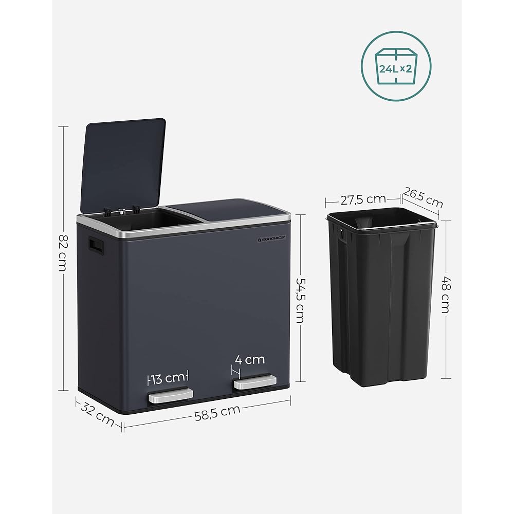 SONGMICS Poubelle de Recyclage, Poubelle Double Seau, 2 x 24L, 2 Compartiments, mécanisme Tampon, pédales, Couvercle, Acier, Seau intérieur en Plastique, poignée de Transport, Anthracite LTB48GS : Cuisine et Maison