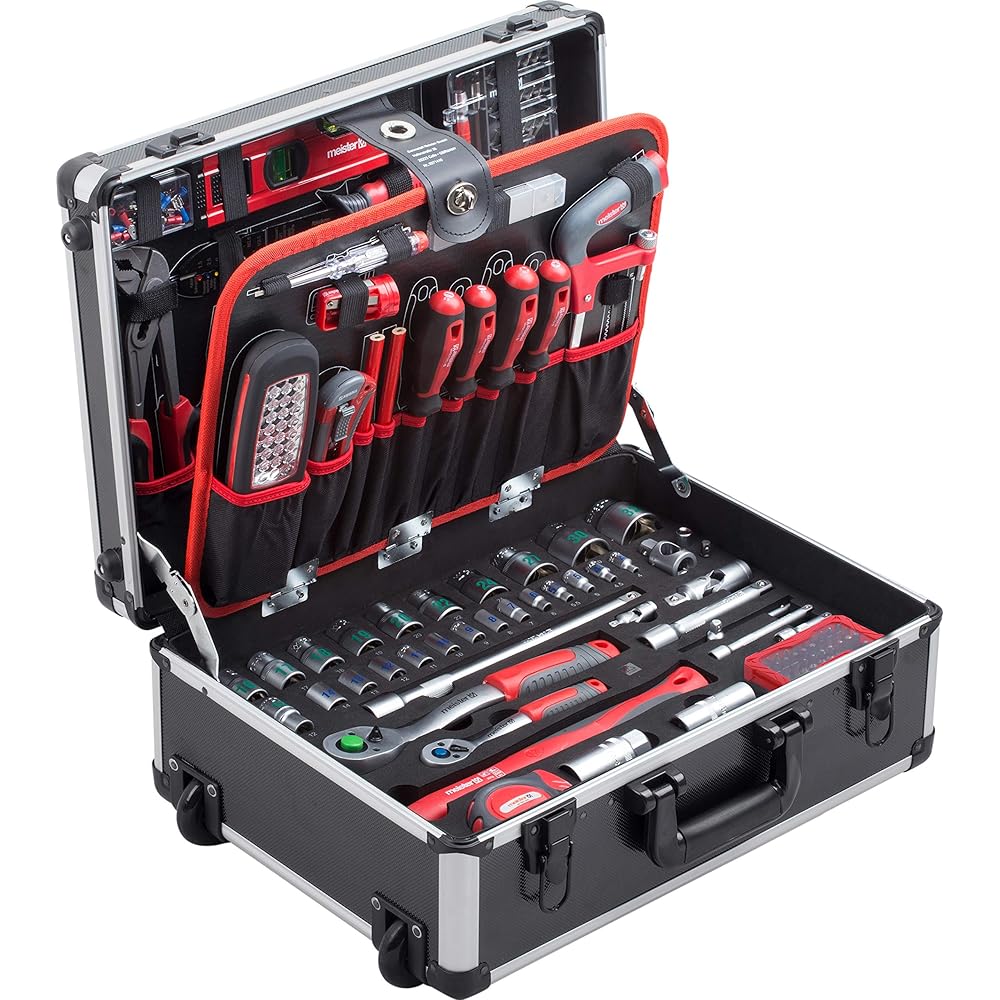 Meister Chariot à outils 156 pièces - Ensemble d'outils - Avec roulettes - Poignée télescopique / Mallette à outils professionnelle remplie / Boîte à outils roulante / 8971440 : Bricolage