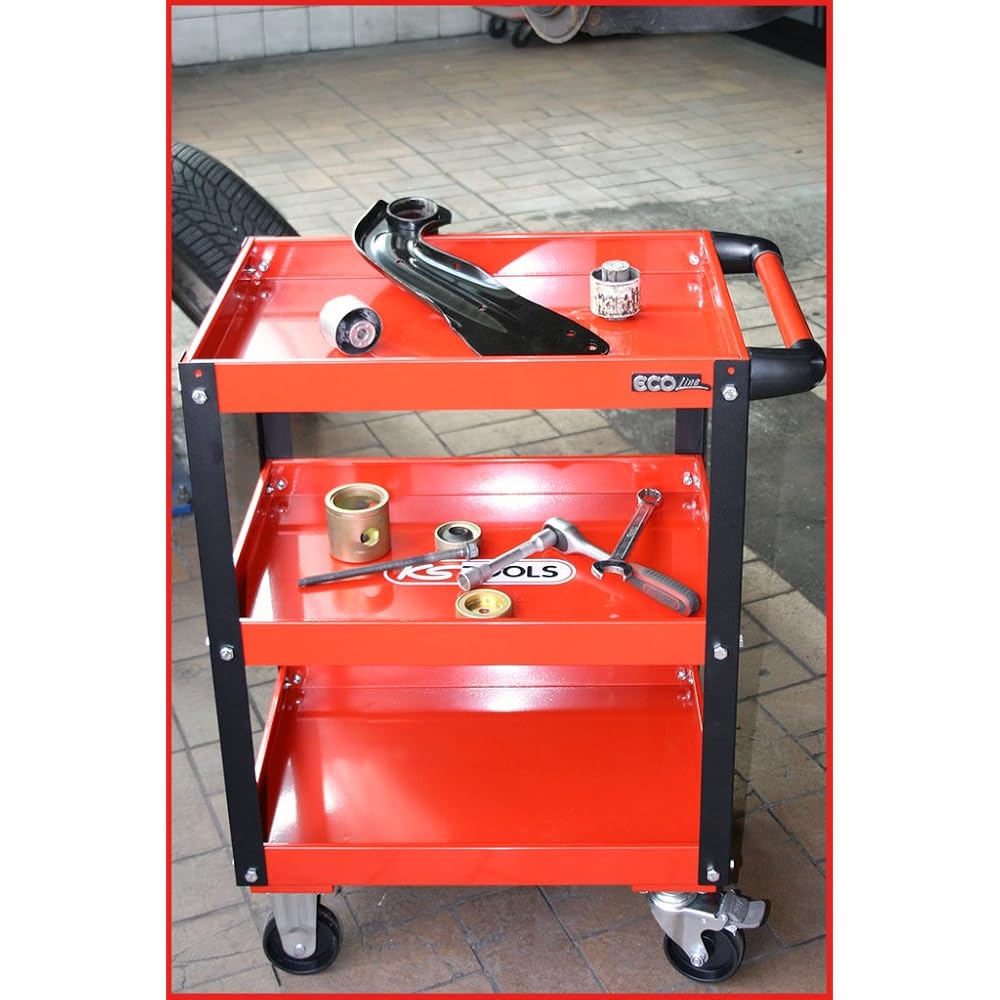 KS TOOLS 890.0001 - Chariot d'atelier métal - Plateaux à rebords - Avec poignée latérale - Avec 4 roues directionnelles - En acier Couleur : Commerce, Industrie et Science