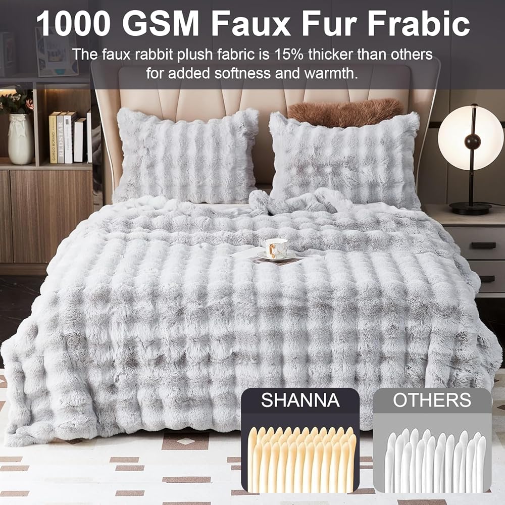 SHANNA Couverture en polaire, fausse fourrure de lapin, moelleuse et chaude, polyvalente, 1 000 g/m² d'épaisseur, 160 x 200 cm, gris clair : Cuisine et Maison