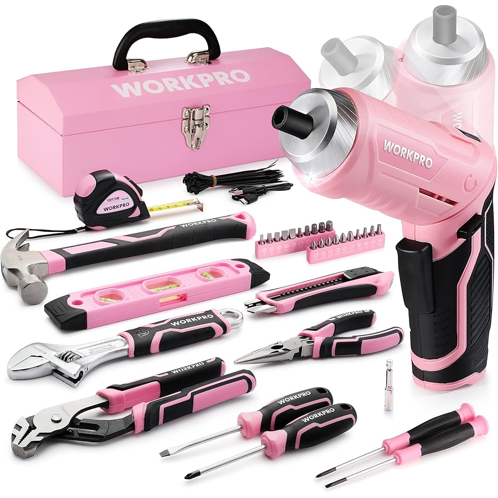WORKPRO Caisse à Outils Complete Rose 73 Pièces avec Tournevis sans Fil 3,7 V, Boîte à Outils Complete avec Boîte en Fer Portable, Mallette à Outils pour Réparation Dommestique ou de Travail : Bricolage