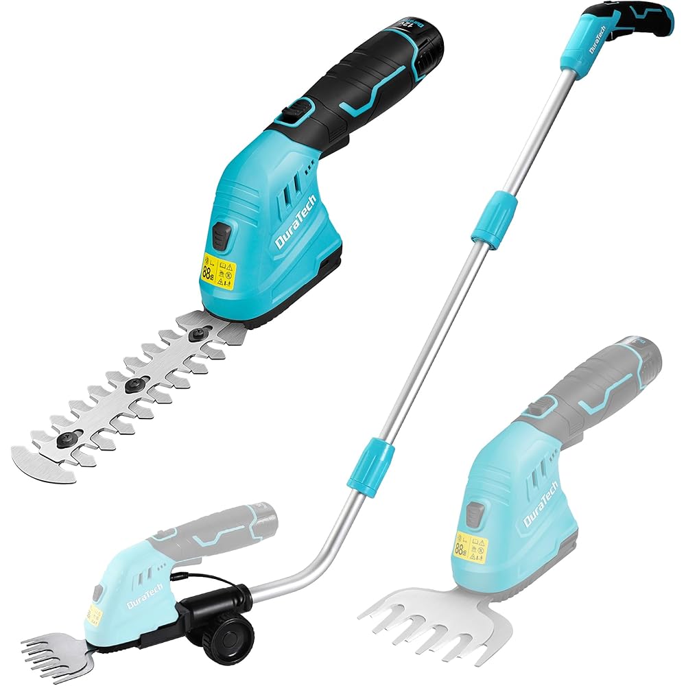 DURATECH Cisaille Sculpte-Haie Électrique et Taille-Herbes Téléscopique sans Fil 12V, Cisaille à Gazon 2 en 1, Largeur/Longueur de Coupe 12/16 cm, Batterie 2000mAh, pour Coupe, Élagage, Bleu & Noir : Jardin