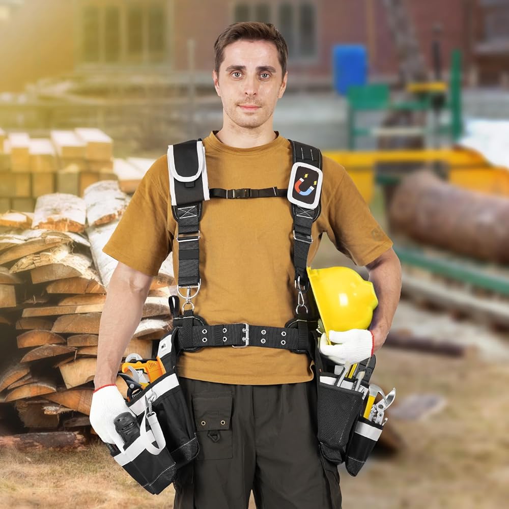 BOMOKS Ceinture à outils professionnelle avec bretelles – Construction robuste et confortable : Bricolage