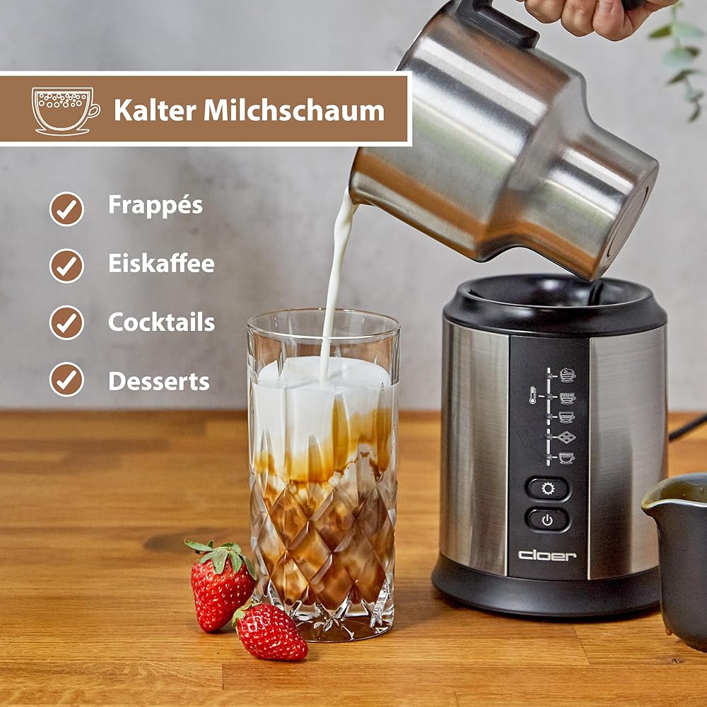 Cloer 7789 Mousseur à lait à induction XL800, mousse de lait 600 ml, chocolat chaud 500 ml, récipient 800 ml, commande électronique, 500 W, bobine de mousse magnétique, verseuse en acier inoxydable : Cuisine et Maison