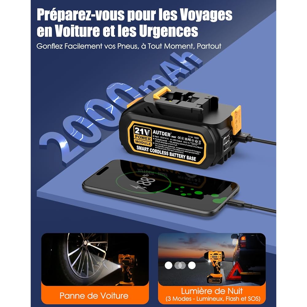 : AUTDER Compresseur à Air Portatif, Gonfleur Pneus Voiture, Max 180 PSI/12.4 Bar, Compresseur Voiture sans Fil avec Batterie 21V et 12V DC, pour Voitures, Vélos, Motos, Ballons, Jaune