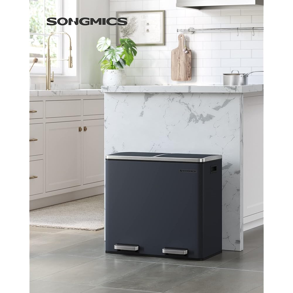 SONGMICS Poubelle de Recyclage, Poubelle Double Seau, 2 x 24L, 2 Compartiments, mécanisme Tampon, pédales, Couvercle, Acier, Seau intérieur en Plastique, poignée de Transport, Anthracite LTB48GS : Cuisine et Maison
