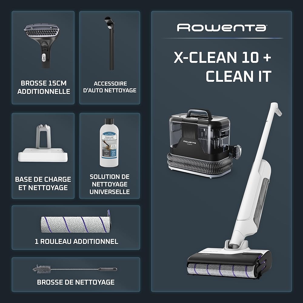 Rowenta X-Clean 10 et Clean it Aspirateur laveur sans fil et shampouineuse pour sols durs tapis et moquettes