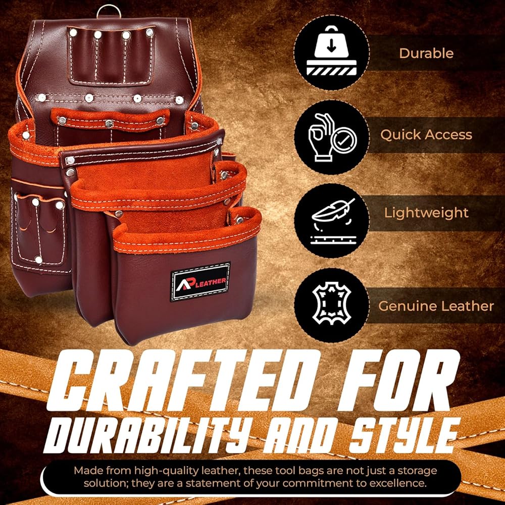 Ap-Leather Pro-302 Ceinture à outils en cuir tanné à l'huile de qualité supérieure, sac à outils de charpentier | Ceinture à outils marron, 29 poches avec 4 boucles, ceinture à outils de charpentier, : Bricolage