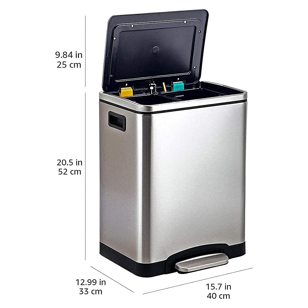 Amazon Basics Poubelle 30 L avec deux compartiments et pédale en tube d'acier - fermeture amortie avec couvercle, pour cuisine, salle de bain ou bureau, rectangulaire, satinée, en acier inoxydable : Cuisine et Maison