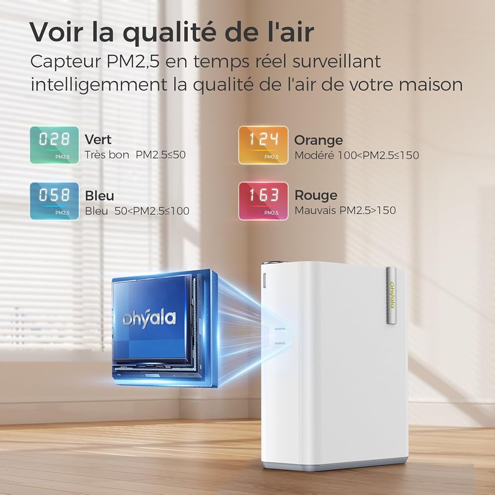 Dhyala Purificateur d'Air Intelligent, contrôle vocal/APP, Purifier jusqu'à 161㎡, véritable filtre à air à charbon actif HEPA, élimine 99,97% polluants, Air Purifier pour Poussières Animaux Odeurs : Cuisine et Maison