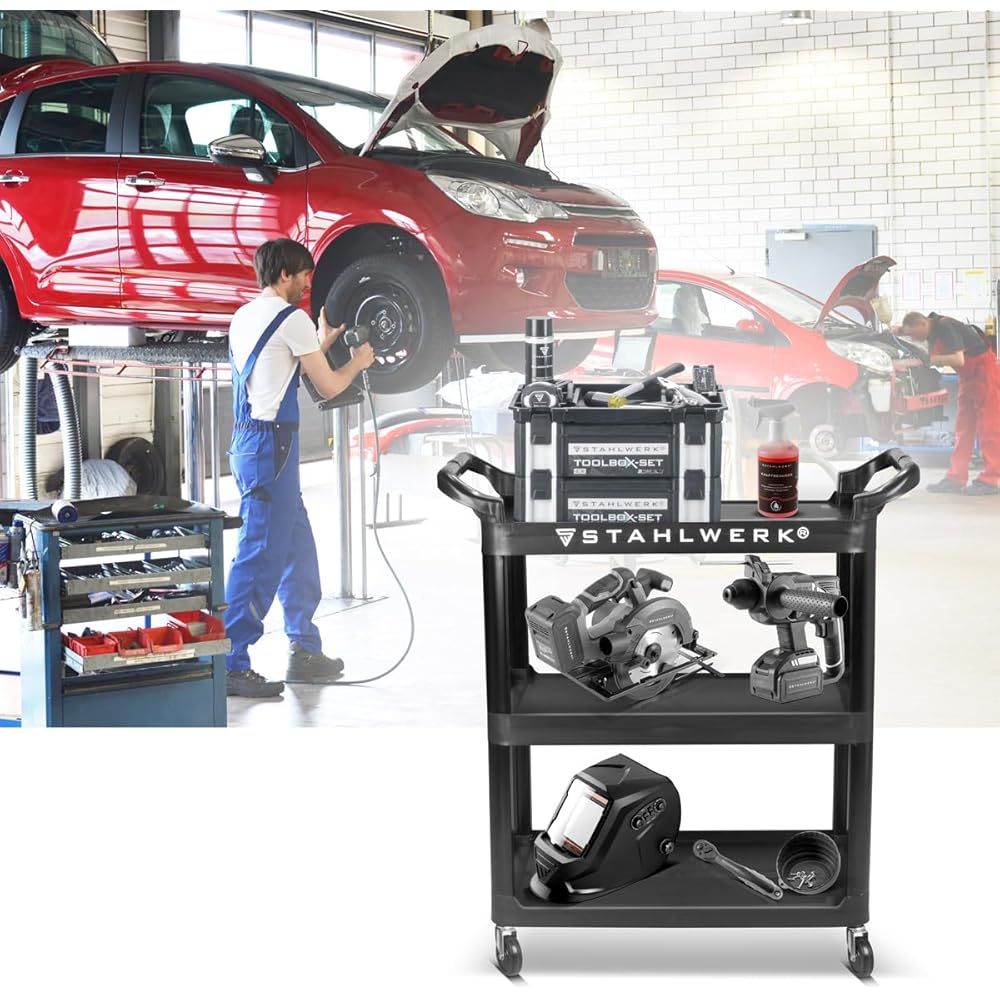 STAHLWERK Chariot à outils TC-92 ST avec capacité de charge de 100 kg - Chariot d'atelier - Chariot de transport - Chariot de montage - Chariot à plateforme - Chariot à étages avec 3 surfaces de : Commerce, Industrie et Science