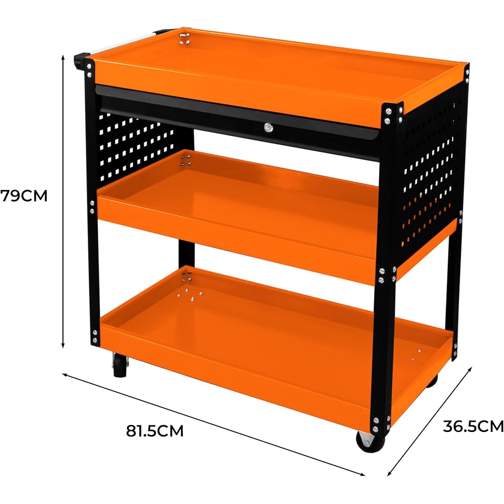 Chariot à Outils 81 x 36 x 79cm Acier Thermolaqué 3 Niveaux Capacité Totale 150KG - Tiroir Verrouillable - Servante sur roulettes Atelier Garage Bricolage Rangement [6 Crochets & 2 Clés Inclus] : Bricolage