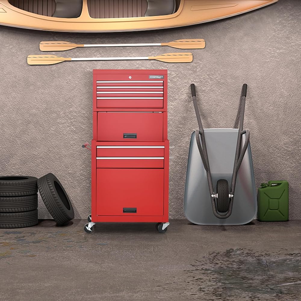 GYMAX Servante d’Atelier à Outils 3 en 1, avec 6 Tiroirs et 2 Grandes Couches, Chariot à Outils d'Atelier en Métal avec Serrure, Charge 90 KG, pour Garage/Atelier (Rouge) : Bricolage