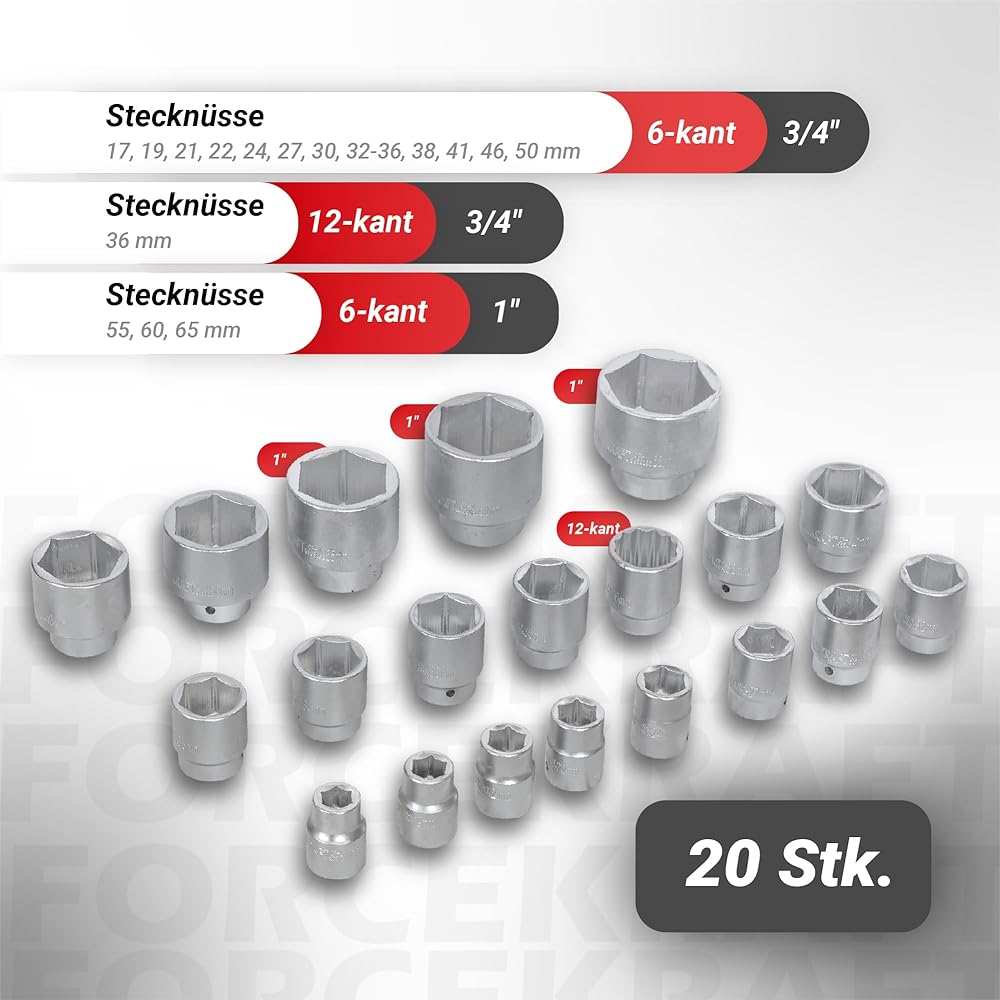 FORCEKRAFT FK-68263-5 Jeu de 26 douilles 3/4" et 1" avec coffret en métal : Autres