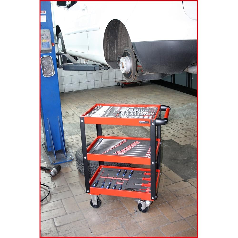 KS TOOLS 890.0001 - Chariot d'atelier métal - Plateaux à rebords - Avec poignée latérale - Avec 4 roues directionnelles - En acier Couleur : Commerce, Industrie et Science