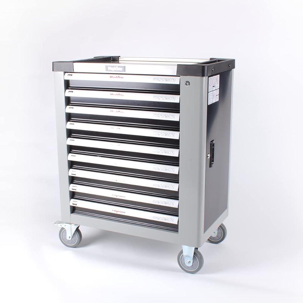 Mephisto Servante d'atelier avec 9 tiroirs, dont 9 tiroirs avec outils tels que clé, cliquet avec boîte à noix, incrustations souples aspect carbone : Bricolage