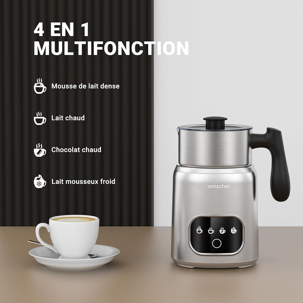 AMZCHEF Mousseur à lait électrique 4 en 1-400 ml - Avec écran tactile LED - Chauffage par induction 3D - Mousseur à lait - Chauffe également le chocolat et le lait pour latte, cappuccino et moka - : Cuisine et Maison