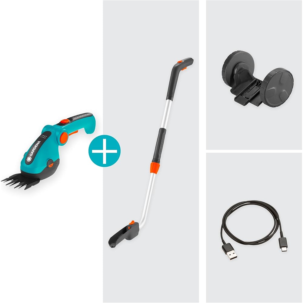 Gardena Set de cisailles à Gazon sans Fil ComfortCut Li :cisaille à Gazon et Manche télescopique avec roulettes, poignée Confort réglable avec Affichage LED, Changement de Lame sans Outils (9889-20) : Jardin