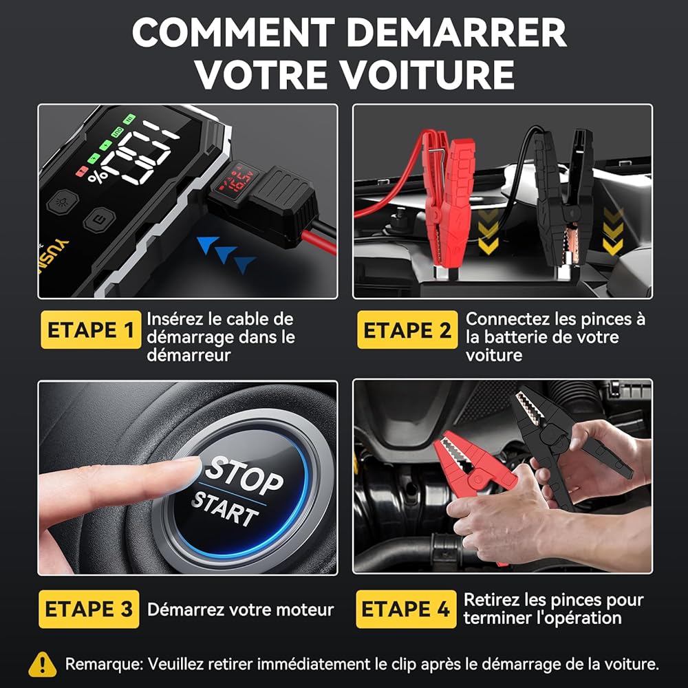 YUSMAN Booster Batterie Voiture 6000A, Démarreur Batterie Voiture Portable (Jusqu'à All GAS/10L Diesel),12V Jump Starter avec Pinces de Sûreté Intelligentes,QC3.0, Lampe à LED, Grand Écran LCD ﻿ : Auto et Moto