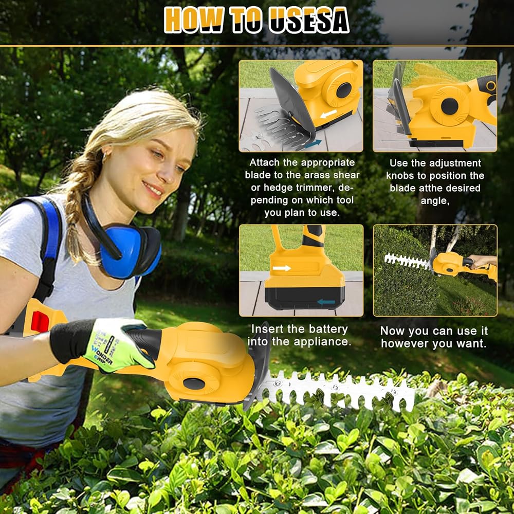 Taille-haie et cisaille à Gazon sans Fil 2 en 1, Cisaille à arbustes 60° réglable Compatible avec Dewalt 20V Batterie, Cisaille haie avec 2 Lames pour Tailler Les arbustes et l'herbe (sans Batterie) : Jardin
