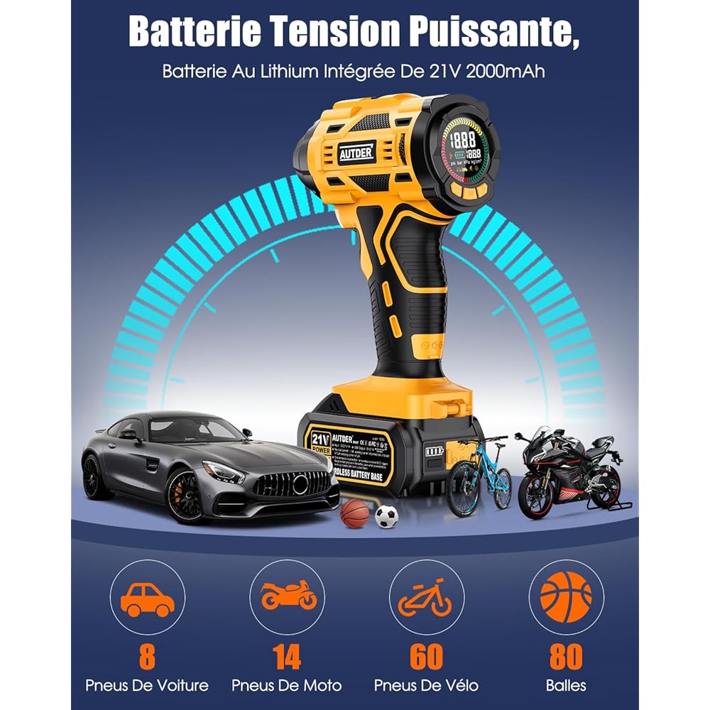 : AUTDER Compresseur à Air Portatif, Gonfleur Pneus Voiture, Max 180 PSI/12.4 Bar, Compresseur Voiture sans Fil avec Batterie 21V et 12V DC, pour Voitures, Vélos, Motos, Ballons, Jaune