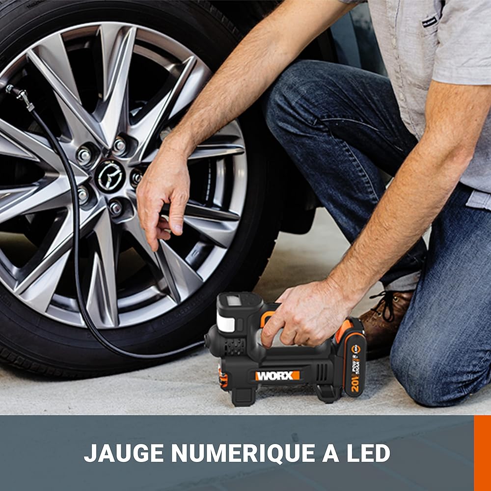 WORX Compresseur à Air multifonction sans Fil 20V WX092.9, 150 PSI, pompe à vélo, mini-compresseur électrique, Outil 4 en 1, Projecteur LED, Facile à Transporter, Livré sans Batterie ni Chargeur : Bricolage