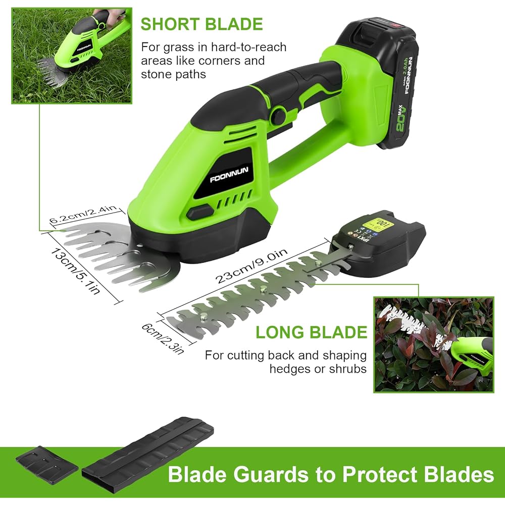 FOONNUN 2 en 1 Cisailles à Gazon, Taille Haie a Batterie avec 1x2000 mAh Batterie, Electrique Cisaille de Jardin, 2 Lames(13cm&20cm), Cisailles à Gazon Sans Fil Portatives pour Arbustes, Jardin, Gazon : Jardin