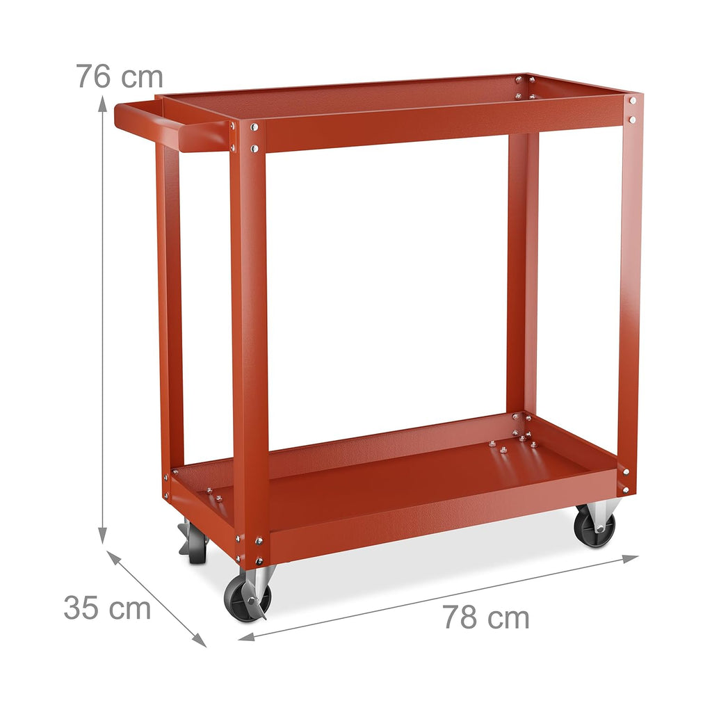 Relaxdays Chariot d'atelier, 2 Niveaux, Charge maximale : env. 100 kg, H x L x P : 76 x 78 x 35 cm, Rouge : Bricolage
