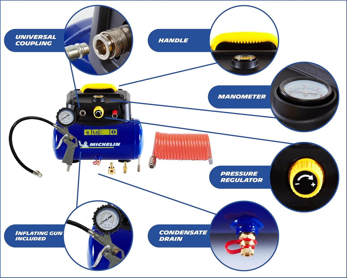 Michelin MBL6 Compresseur d'air portable sans huile cuve 6 L avec manomètre et kit d'accessoires