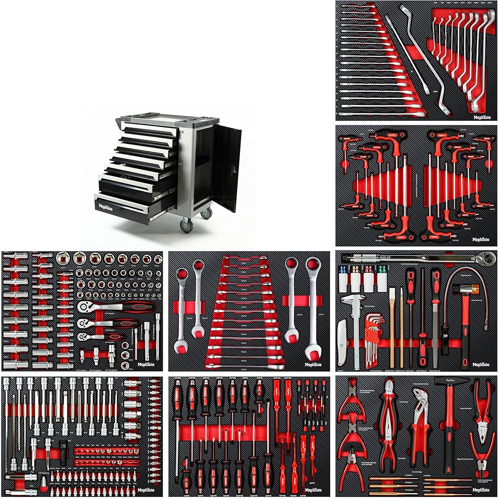 Mephisto Chariot d'atelier XXL Tool Wagen avec 7 tiroirs dont 7 avec outils dans des incrustations souples dans un tiroir rempli aspect carbone + insert supplémentaire avec clé à molette : Bricolage