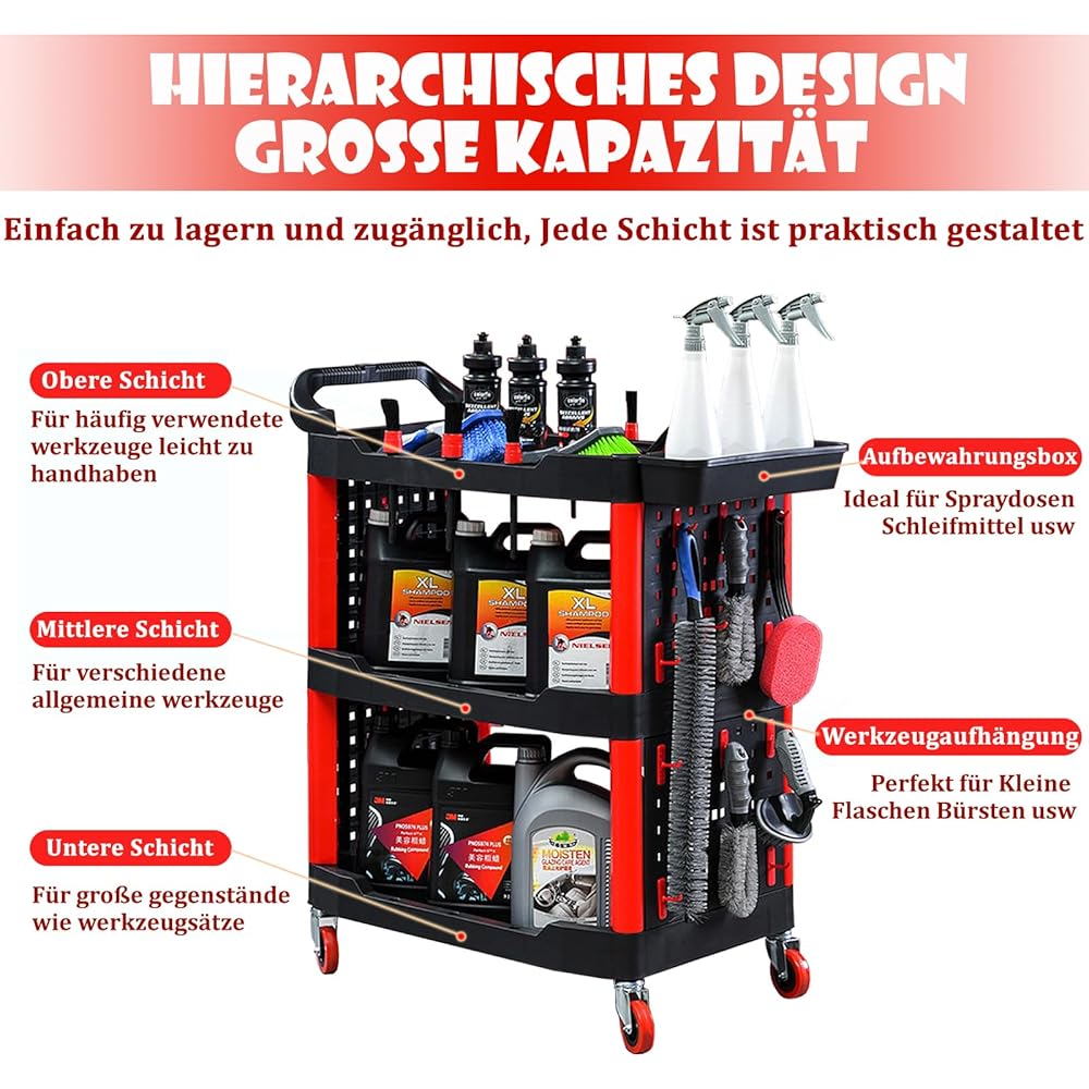 Chariot de montage - Chariot d'atelier avec 24 crochets - 4 roulettes pivotantes - 3 étages - 68 x 48 x 97,5 cm - Charge maximale : 200 kg - Chariot de service - Chariot de transport - Chariot de : Commerce, Industrie et Science