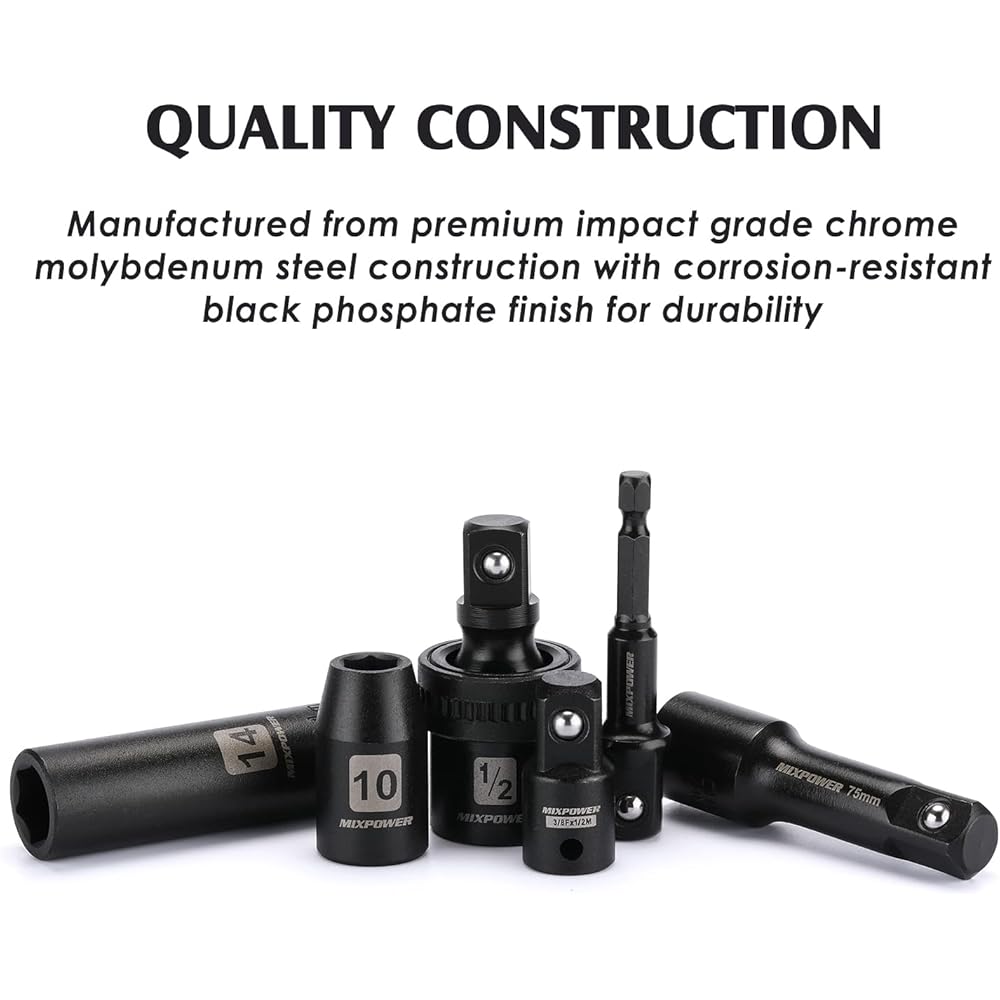 MIXPOWER Lot de 49 douilles à choc 1/2" profondes/peu profondes, (8 mm-32 mm), CR-V, métrique, comprend des barres d'extension, des adaptateurs, un joint universel à impact : Bricolage