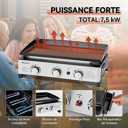 Royal Gourmet Plancha gaz 3 brûleurs, 7.5kW