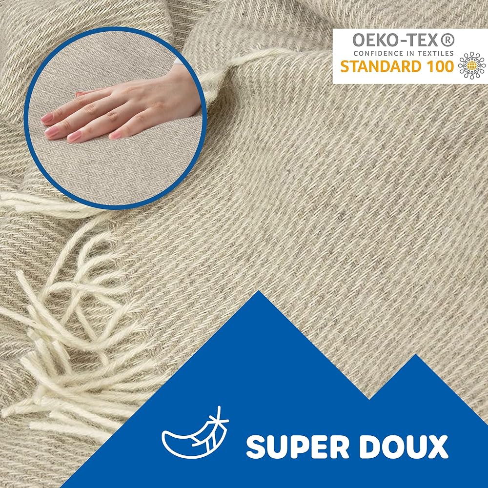 Couverture en Laine 140x200 cm, 100% Pur Produit de Moutons Néo-Zélandais, Plaid en Laine Doux pour Lit et Canapé, Jeté de Lit Élégant avec Franges – Nostra ZELANDIA Couverture Grande Taille : Cuisine et Maison