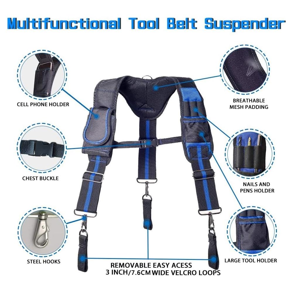 Dr.TOUGH Ceinture porte-outils pour homme avec bretelles rembourrées avec poche magnétique (sans outils), noir/bleu, Full Size : Bricolage