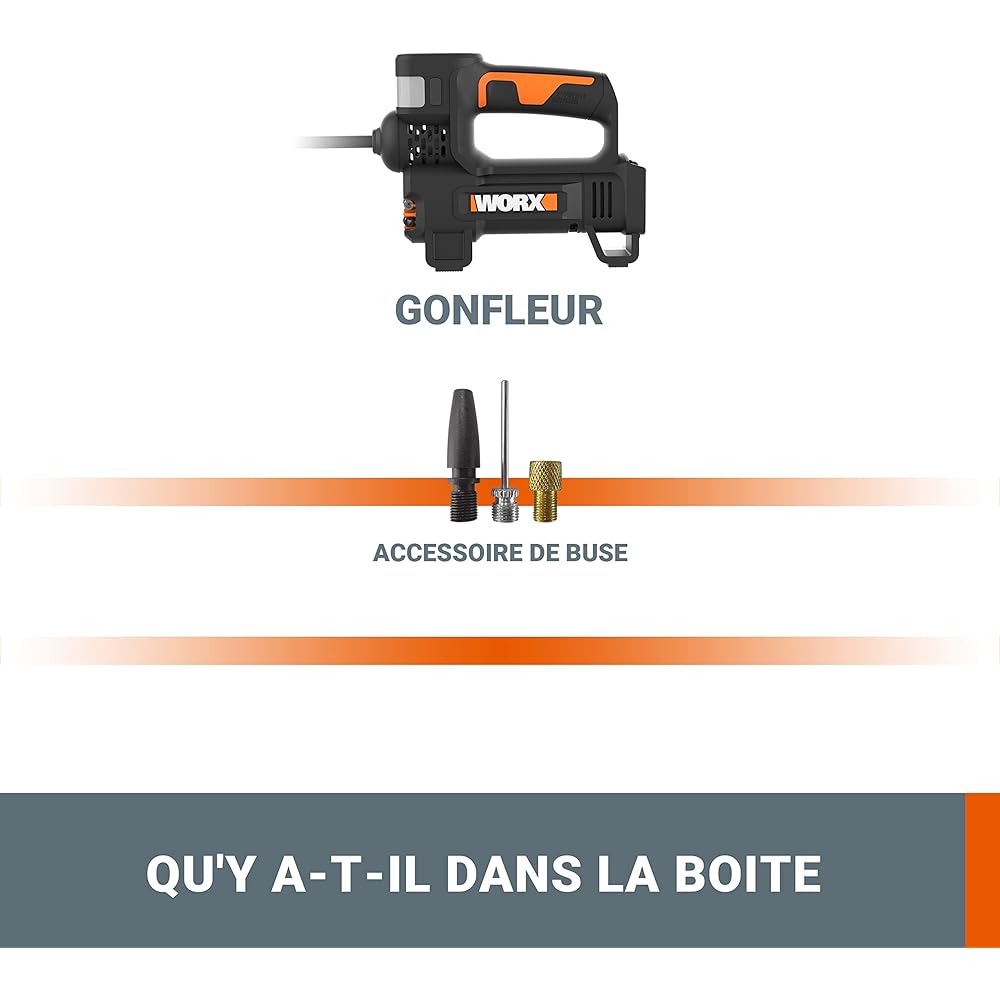 WORX Compresseur à Air multifonction sans Fil 20V WX092.9, 150 PSI, pompe à vélo, mini-compresseur électrique, Outil 4 en 1, Projecteur LED, Facile à Transporter, Livré sans Batterie ni Chargeur : Bricolage