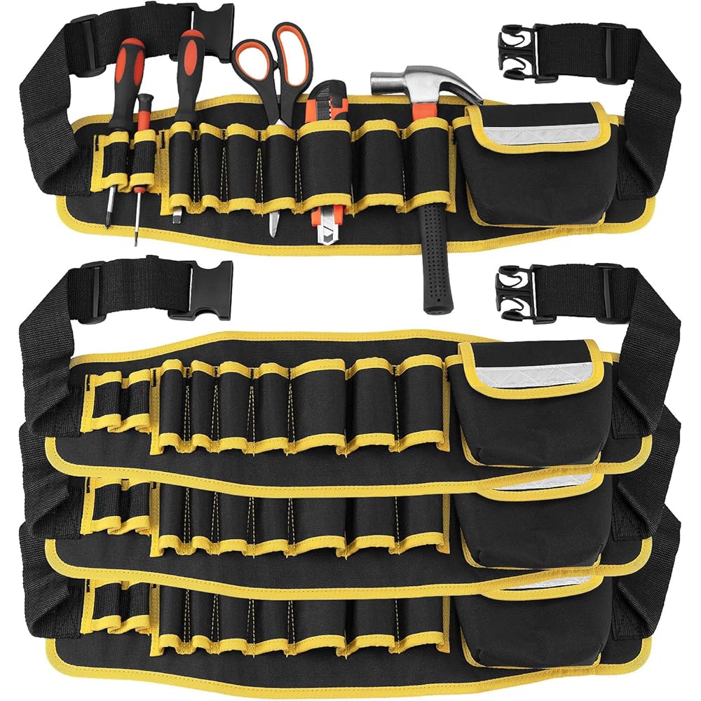 TOCCOOL Lot de 4 ceintures à outils, 9 emplacements, 1 sac à outils de poche avec boucle réglable, lot de rangement d'outils d'électricien multifonction pour tournevis, marteau, clé, pince à perceuse : Bricolage